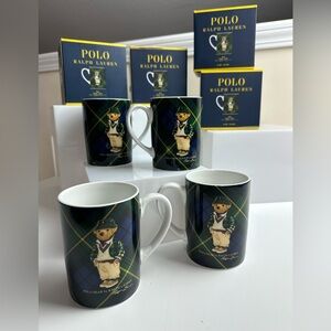 Ralph Lauren Highmoore Plaid Polo Bear Porcelain Coffee Mugs 14oz. Set Of 4 NIB